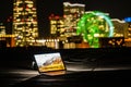 Yokohama night view and a laptop Nomad worker of the image Royalty Free Stock Photo