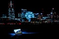 Yokohama night view and a laptop Nomad worker of the image Royalty Free Stock Photo