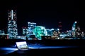 Yokohama night view and a laptop Nomad worker of the image Royalty Free Stock Photo