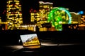 Yokohama night view and a laptop Nomad worker of the image Royalty Free Stock Photo