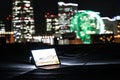 Yokohama night view and a laptop Nomad worker of the image Royalty Free Stock Photo