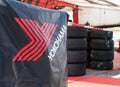Yokohama racing car tire set in motorsport circuit paddock logo brand
