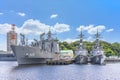 Replenishment oiler JS Masyu and destroyers JS Murasame and JS Ikazuchi in Yokosuka naval port.