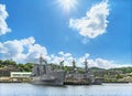 Replenishment oiler JS Masyu and destroyers JS Murasame and JS Ikazuchi in Yokosuka naval port.