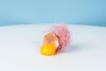 Yolk of broken egg in eggshell decorated with pink sisal nest on