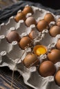 Yolk of broken egg in eggshell and several eggs in carton egg bo Royalty Free Stock Photo