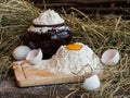 Yolk in flour. Broken egg. White egg. Flour in a clay pot. Royalty Free Stock Photo