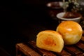 Yolk pastryEgg yolk shortcake on wooden table isolated on black backgrond Royalty Free Stock Photo