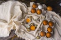 Yolks of broken chicken egg in eggshell and several chicken and Royalty Free Stock Photo