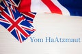 Yom HaAtzmaut. British holidays concept. Holiday in United Kingdom. Great Britain flag background