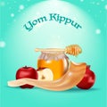 Yom Kippur banner or poster design, apple slice, pomegranate, dr