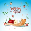 Yom Kippur banner or poster design, apple slice, shofar horn, rose flowers with leaves on baclground.