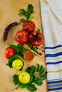 Yom Kippur concept. Fruits with honey and jewish tallit
