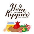 Yom Kippur Day of Atonement calligraphy hand lettering with traditional Jewish symbols. Israel holiday typography poster. Easy to