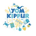 Yom Kippur greeting card with candles, apples and shofar and sybols. Jewish holiday background. Vector illustration on