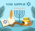 Yom Kippur greeting card with candles, apples and shofar. Jewish holiday Rosh Hashanah and yomkippur background. Vector Royalty Free Stock Photo