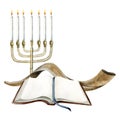 Yom Kippur greeting card template for Jewish New Year, Rosh Hashanah with Torah, menorah, shofar watercolor illustration