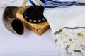 Yom Kippur, Rosh Hashanah Hashana jewish New Year, Shemini Atzeret Shmini Atzeret and Simchat Torah holiday concept with shofar tr Royalty Free Stock Photo