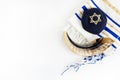 Yom kippur, Rosh hashanah, jewish New Year holiday, concept. Religion image of shofar - horn on white prayer talit.
