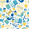 Yom Kippur seamless pattern with candles, apples and shofar and sybols. Jewish holiday background. Vector surface print