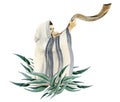 Yom Kippur shofar blowing by Jewish man in talit on Rosh Hashanah with eucalyptus branches watercolor illustration