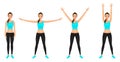 Smiling Yong woman make hands up and hands to the sides exercises. Fit girl in leggings and blue crop top. Vector character.