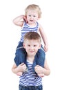 Yonger brother sits on shoulders of his brother Royalty Free Stock Photo