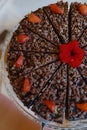 Yop view.Close-up of chocolate cake with strawberries and pieces of chocolate. Home cooking. Royalty Free Stock Photo