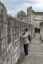 Elevated walkway on York City Walls, Bar Walls or Roman walls, ancient monument encircling historic City of York, England, UK