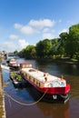York England River Ouse looking to Skeldergate Bridge with barge Royalty Free Stock Photo