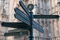 York Minster in background. In foreground street sign giving directions to various places of interest to tourists in York.