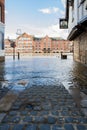 York`s Flooded cobbled streets after heavy rainfall Royalty Free Stock Photo