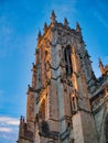 York, UK - Nov 21 2023: Built of magnesian limestone, the soaring 60m high south west tower of York Minster in northern England