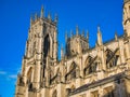 York, UK - Nov 24 2023: Built of magnesian limestone, the soaring 60m high towers of York Minster in northern England, UK.
