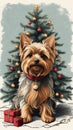 yorkie dog on the background of a christmas tree graphic for christmas Royalty Free Stock Photo