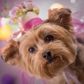 Yorkie Dog wearing flowered top hat Royalty Free Stock Photo