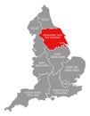Yorkshire and the Humber red highlighted in map of England UK Royalty Free Stock Photo