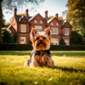 Yorkshire Terrier dog sitting on the green lawn near the house Royalty Free Stock Photo