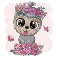 Yorkshire Terrier with flowers on a pink background