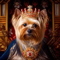 Yorkshire terrier with golden crown. Generative Ai Art. Close up portrait of a dog. King, tsar or imperator Royalty Free Stock Photo