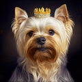 Yorkshire terrier with golden crown. Generative Ai Art. Close up portrait of a dog. King, tsar or imperator Royalty Free Stock Photo
