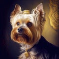 Yorkshire terrier with golden crown. Generative Ai Art. Close up portrait of a dog. King, tsar or imperator Royalty Free Stock Photo