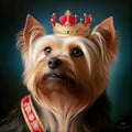 Yorkshire terrier with golden crown. Generative Ai Art. Close up portrait of a dog. King, tsar or imperator Royalty Free Stock Photo