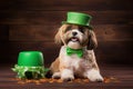 Yorkshire terrier in a hat. Portrait of a dog dressed as a leprechaun.