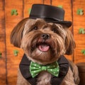 Yorkshire terrier in a hat. Portrait of a dog dressed as a leprechaun.