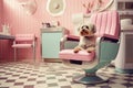 Yorkshire terrier lies on a barber chair in a salon Royalty Free Stock Photo