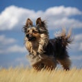 Yorkshire terrier with long fluttering hair, against the blue sky, a beautiful photo