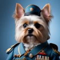 Yorkshire terrier portrait wearing military parade uniform. Generative AI