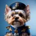 Yorkshire terrier portrait wearing military parade uniform. Generative AI