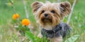 Yorkshire Terrier puppy lies in the low spring grass close to flowers. Funny small York puppy on golden hour time Royalty Free Stock Photo